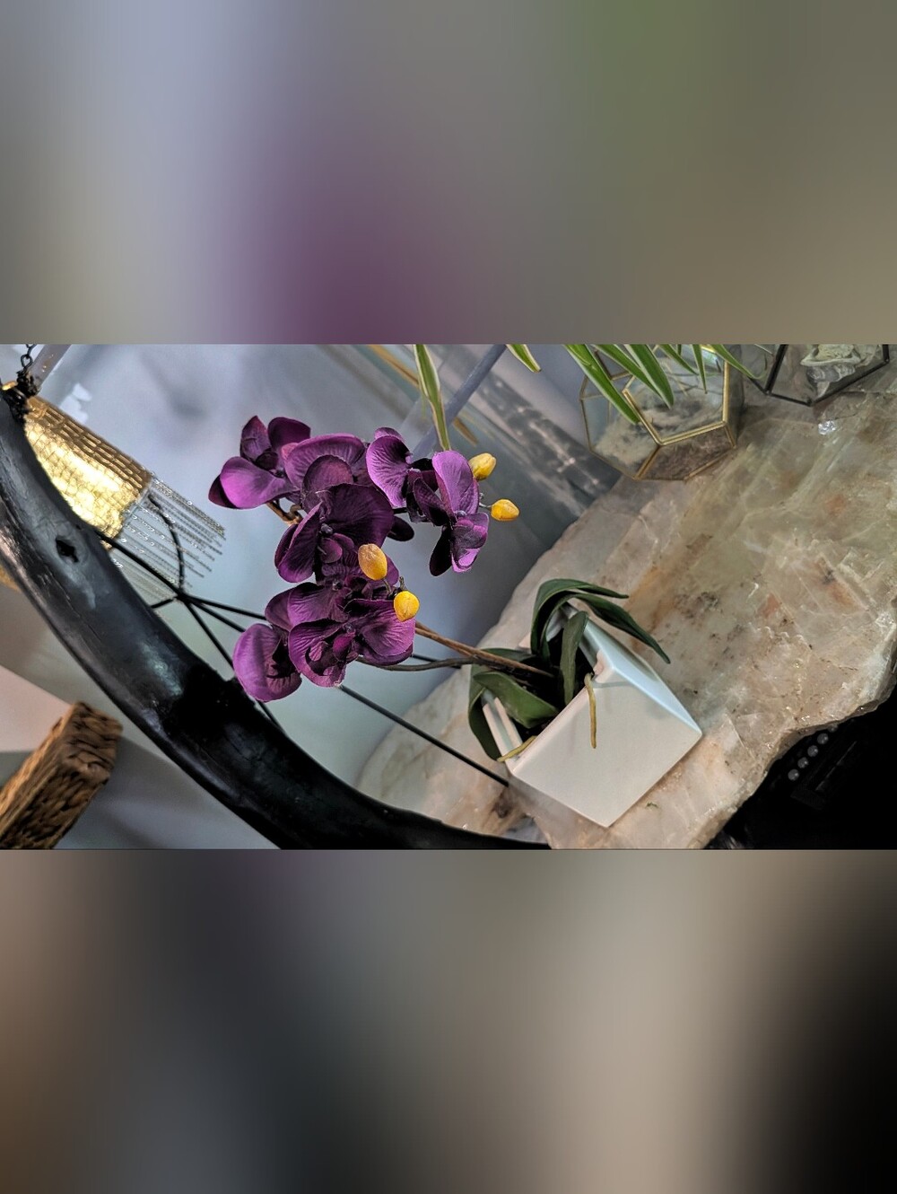 Artificial Purple Orchid with Black Vase